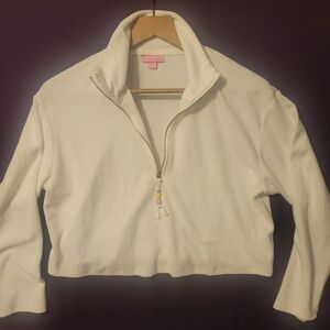 Stoney Clover Lane White Long Sleeve 1/4 Zip-Up Crop Top. Size S